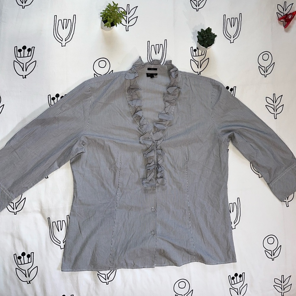 Talbots Gray Stripe Ruffle Button Up
